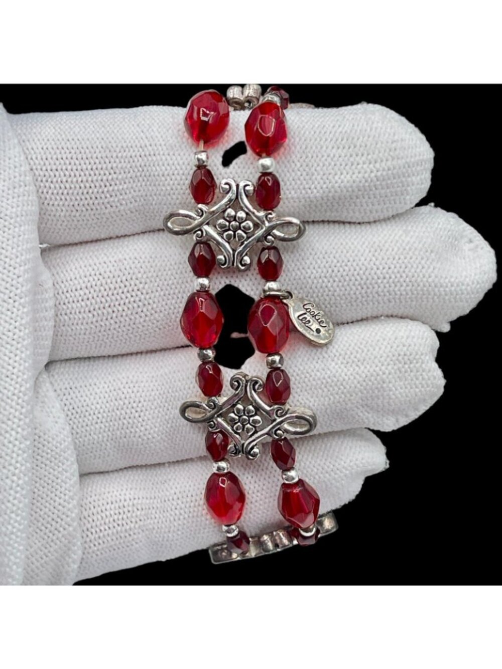 Holiday Necklace + Bracelet Set by Cookie Lee, Glass Bead Bracelet, Angel Brooch - Picture 8 of 12